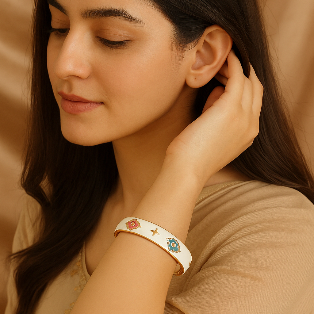 Woman wearing a colorful bracelet on a beige background