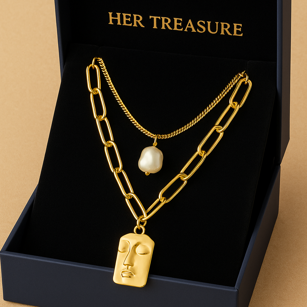 Gold chain necklace with face pendant in a 'HER TREASURE' box on a beige background