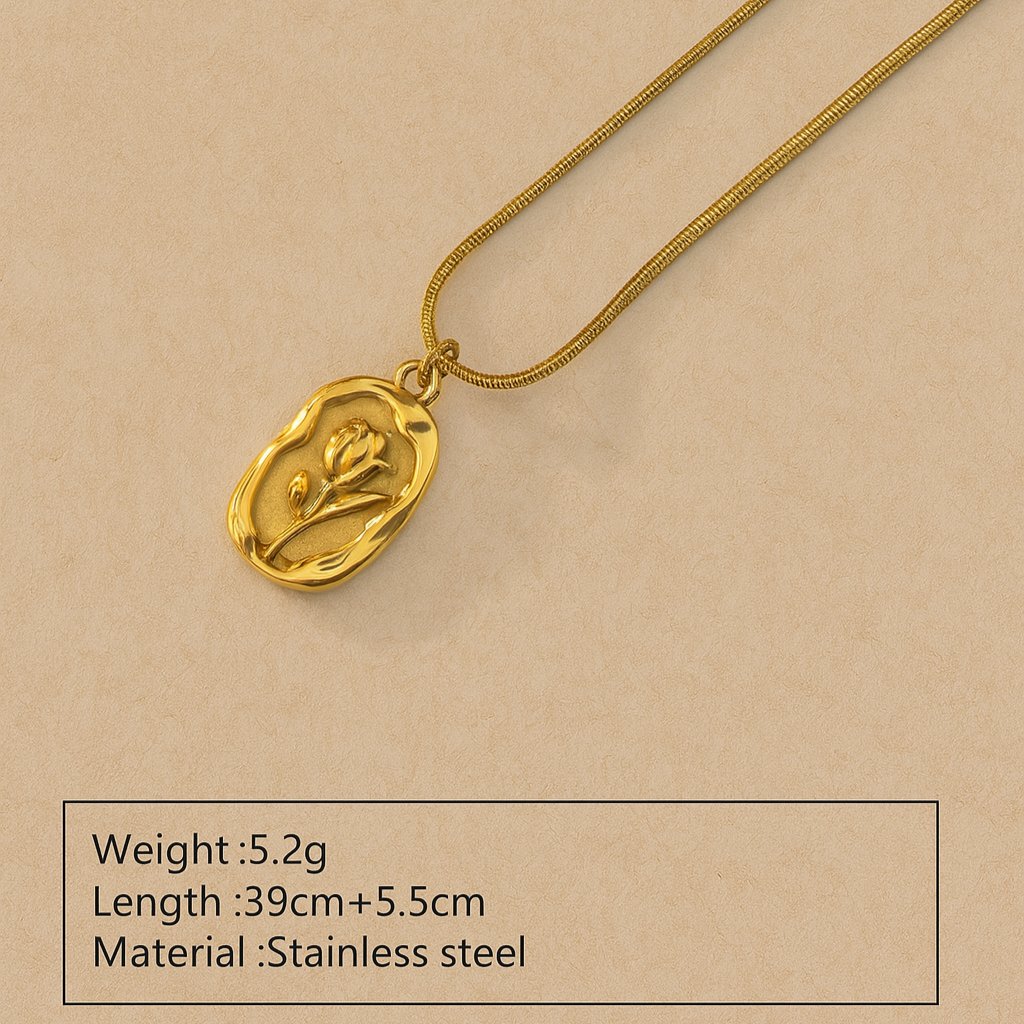 Gold necklace with a pendant on a beige background