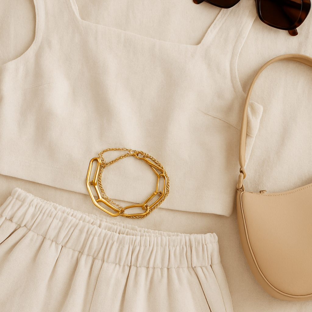 Beige sleeveless top, pants, sunglasses, and gold bracelet on a light background
