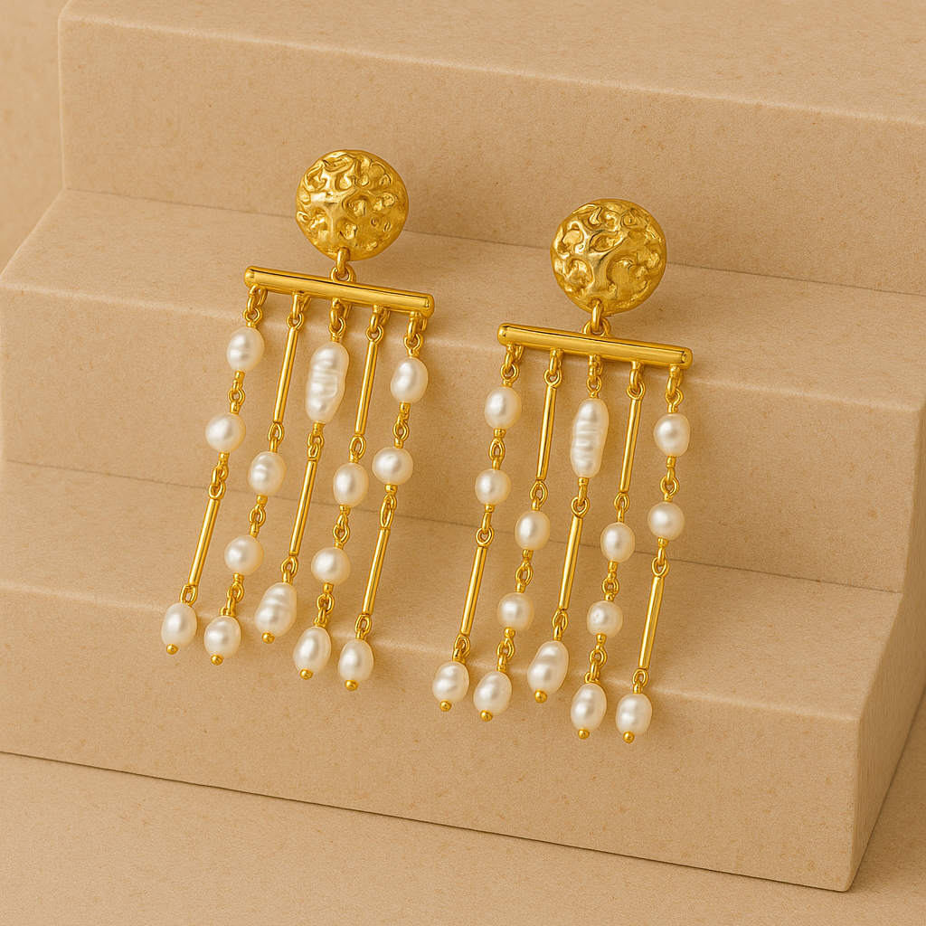 Gold earrings with pearl drops on a beige staircase