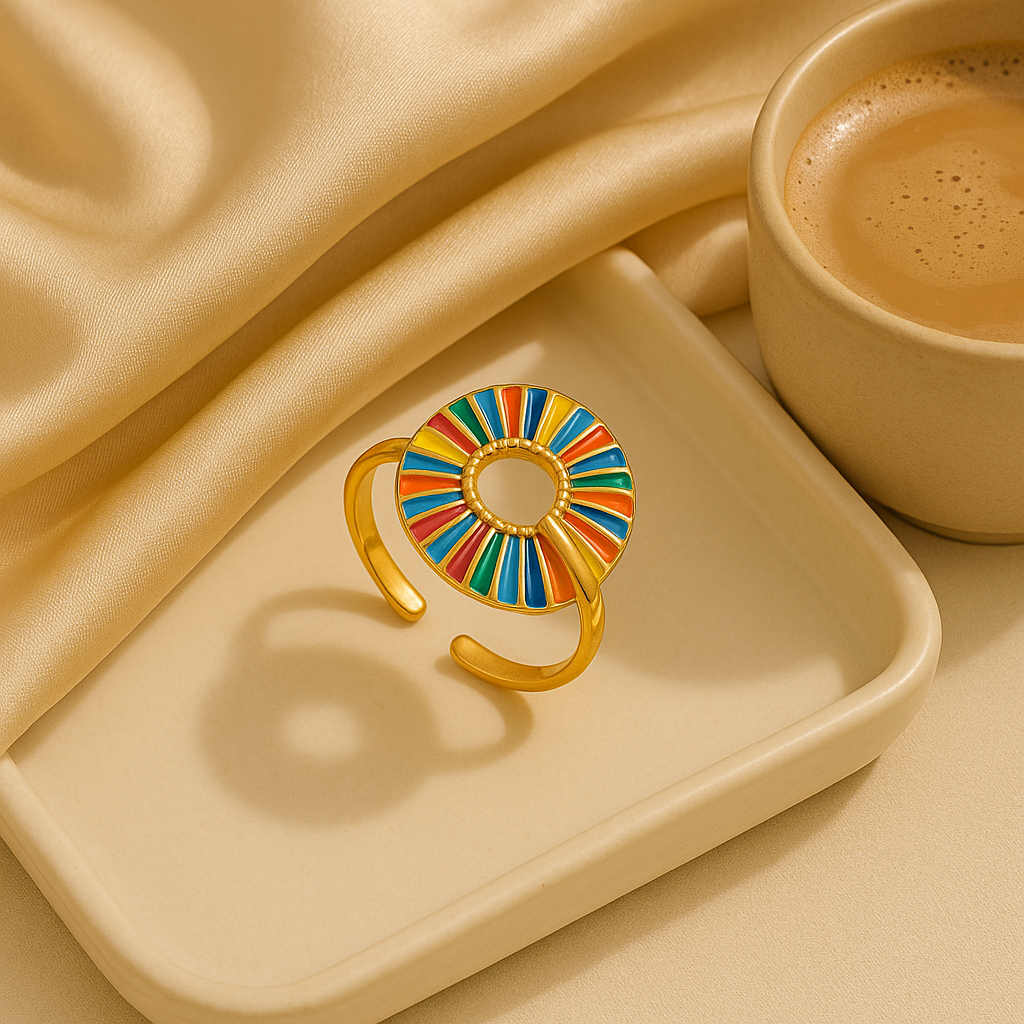 Colorful ring with sunburst design on a beige tray with a cup of coffee.