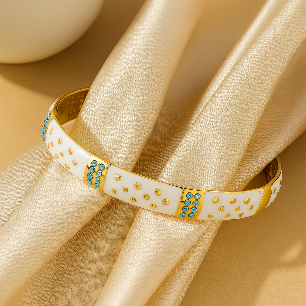 Bracelet with blue stones on a beige fabric with a cup of coffee in the background