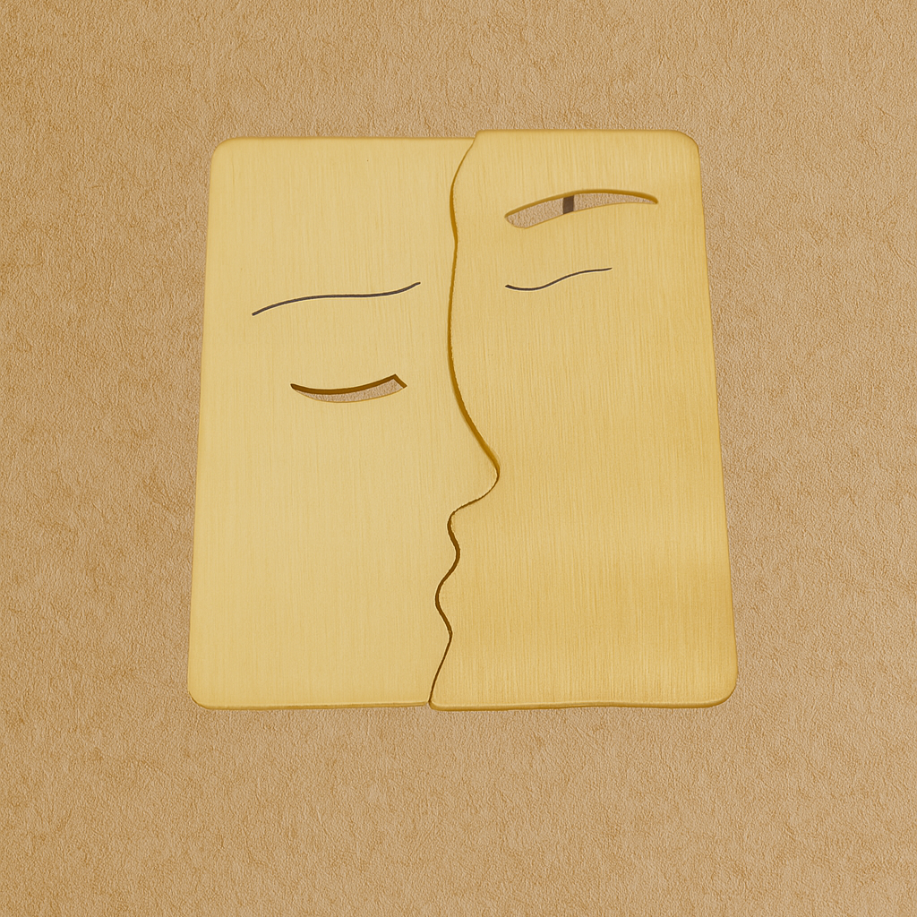 Gold face-shaped cutting board on a beige background