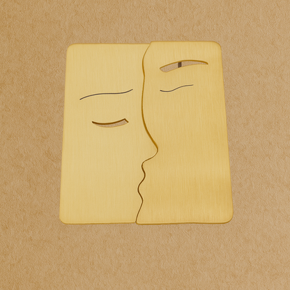 Gold face-shaped cutting board on a beige background