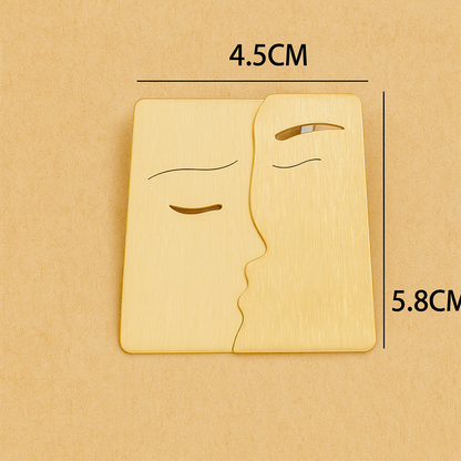 Wooden face-shaped cutting board with dimensions on a beige background