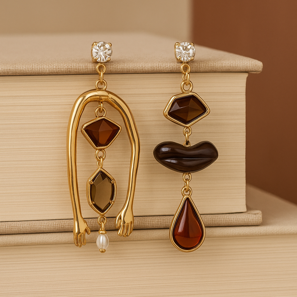 Gold earrings with brown gemstones on a beige surface