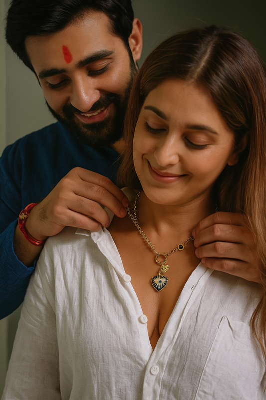 Man adjusting a necklace on a woman's neck, both smiling.